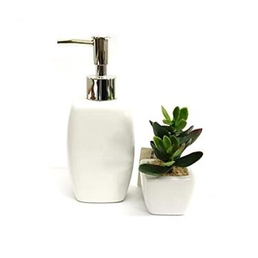 Imagem de Kit Porta Sabonete Líquido Porcelana e Mini Vaso Cerâmica Suculentas Artificial Para Banheiro