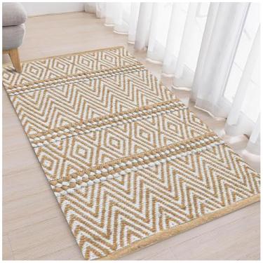 Imagem de Bedding Craft Tapete de área listrado de algodão de juta para sala de estar 61 x 91 cm - Marfim natural - Lavável na máquina tapetes de 6 x 90 cm - 70% juta e 30% algodão