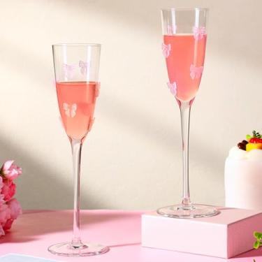 Imagem de SiliFine Pacote com 2 taças de vinho com laço cupê rosa taças de champanhe 187 g recipiente decorativo delicado e elegante para casamentos, aniversários, cristais de alta qualidade