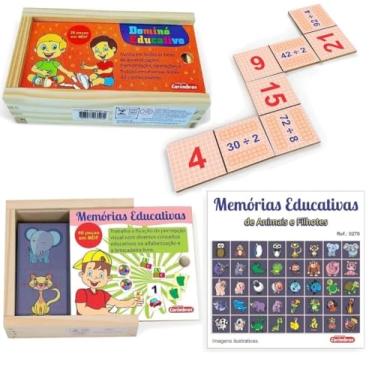 Imagem de Kit Educativo Matemática e Conhecimento Visual - Dominó de Multiplicação + Memória de Animais e Filhotes – Carimbrás