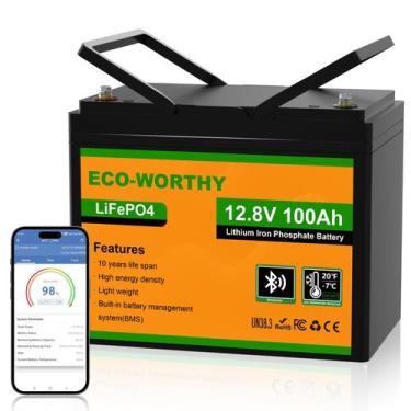 Imagem de Bateria de lítio LiFePO4 ECO-WORTHY 12V 100AH com Bluetooth 1280Wh