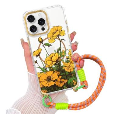 Imagem de AIGOMARA Capa magnética para iPhone 16 Pro Max [compatível com MagSafe] Capa de telefone com estampa floral transparente com cordão de pulso, capa fina à prova de choque para meninas e mulheres