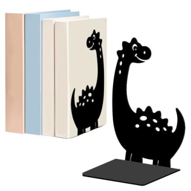 Imagem de WADORN Suportes de livros de metal de dinossauro de desenho animado para prateleiras decorativas, 1 par, suporte de final de livros resistente, antiderrapante, rolha preta em forma de L para divisória