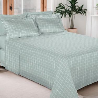 Imagem de Jogo de Cama 100% Algodão 300 Fios Percal Lençol Antiácaro Respirável Toque Macio, 4 Peças - Bem Lunar (Verde Oliva Grid, King)