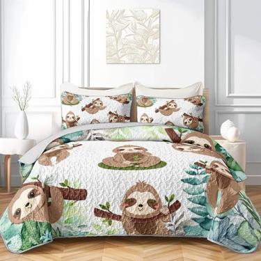 Imagem de AILONEN Conjunto de colcha acolchoada de preguiça fofa, tamanho casal, com desenho animado de preguiça deitada no ramo, para crianças, meninas, macio, leve, 1 capa de cama de animal Kawaii + 2 fronhas