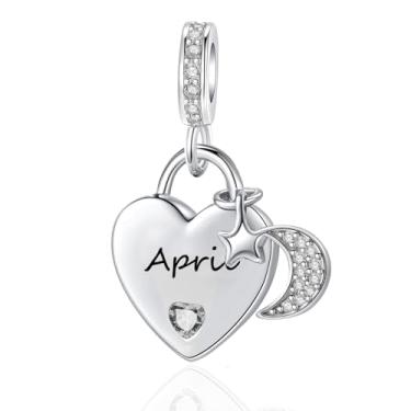 Imagem de QeenseKc Pingente de lua e estrela com pingente de coração com pedra do mês de nascimento de abril compatível com pulseira feminina Pandora