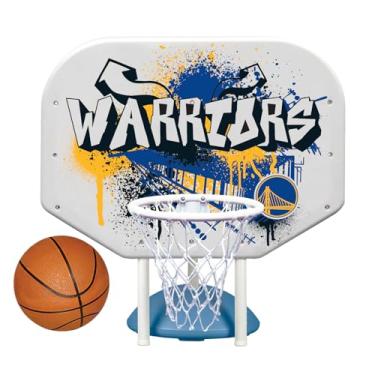 Imagem de NBA Golden State Warriors Logo, Graffiti Collection Pro Rebounder Pool Basketball Hoop Set com base durável para todos os climas, prancha rígida, aro, rede e bola para festa na piscina e jogos de
