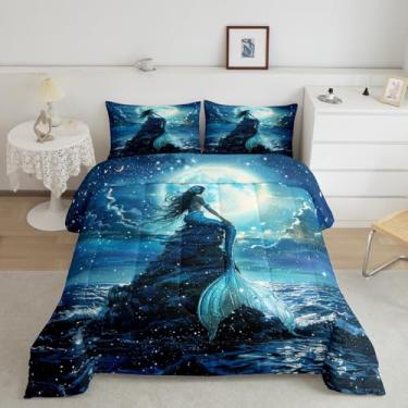 Imagem de Conjunto de edredom de sereia 3D, tamanho casal, lua e céu estrelado para decoração de quarto de crianças, meninos e meninas, conjunto de colcha de microfibra macia de luxo, com escama de peixe azul