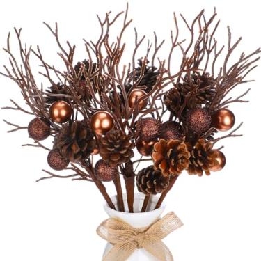 Imagem de Giegxin Pacote com 6 ramos de pinha de Natal de 36 cm, palheta de bola de bronze artificial marrom com pinhas realistas, haste rústica para decoração de centro de mesa de guirlanda de árvore de Natal