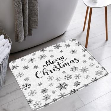 Imagem de AMFD Tapete de banho de floco de neve de inverno preto branco floco de neve feliz Natal feliz feriado banheiro banheira tapetes de chão tapete decoração de vaso sanitário, 45,7 x 76,2 cm