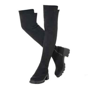 Imagem de N.N.G Botas femininas acima do joelho até a coxa camurça preta bloco baixo 5 cm salto grosso acima do joelho inverno bico fino, Sola preta/articulada, 38