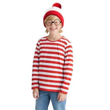 Imagem de Focupaja Terno listrado vermelho e branco infantil fantasia de Halloween camisa de manga comprida chapéu óculos meninos meninas cosplay roupa, Vermelho e branco., P