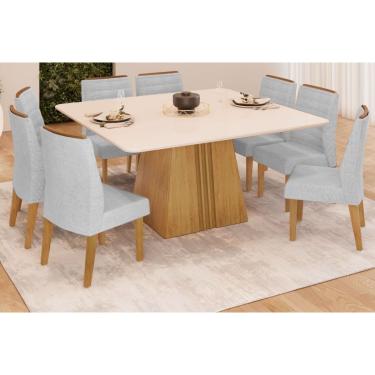 Imagem de Conjunto: Mesa Sala Jantar Itália Tampo Madeirado c/ Vidro Curvo 136x136cm e 8 Cadeiras Ondina Cedro/Off White - Linho Neve - DJ Móveis