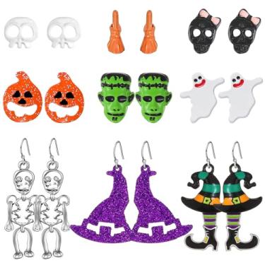 Imagem de CUTELIILI Brincos de Halloween para mulheres, esqueleto, abóbora, fantasma, bruxa, vassoura, rosto verde, conjunto de brincos pendentes, joias góticas, acessórios de Halloween, fantasias femininas