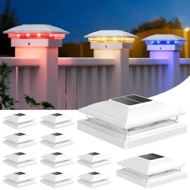 Imagem de APONUO Pacote com 12 lâmpadas solares que mudam de cor - RGB 8 cores sólidas e gradientes, IP65 à prova d'água, para cercas de vinil de madeira 10 x 12 x 15 x 15 x 15 cm, deck, pátio, quintal (branco)