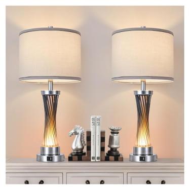 Imagem de Conjunto de 2 lâmpadas de mesa reguláveis de 3 vias, lâmpadas de controle de toque com luz noturna, lâmpadas de mesa modernas de cristal azul para quarto, sala de estar, lâmpadas de cabeceira com