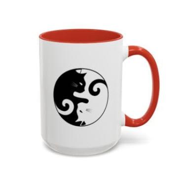 Imagem de Caneca de café de gato Yin Yang – Design fofo de gatinho preto e branco – Caneca com detalhes de cerâmica para amantes de gatos - Ideia de presente de aniversário e Natal (vermelho, 425 g)