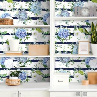 Imagem de Stickyart Papel de parede listrado floral 44,5 cm x 701 cm Hortênsia suculenta papel de parede autoadesivo azul branco floral contato papel de parede flores removíveis papel de parede moderno para