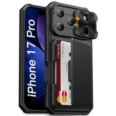 Imagem de Vihibii Capa carteira para iPhone Pro com suporte para cartão (4 cartões) [bloqueio RFID] e capa de câmera deslizante, proteção contra quedas de grau militar, capa de telefone rígida robusta e borda