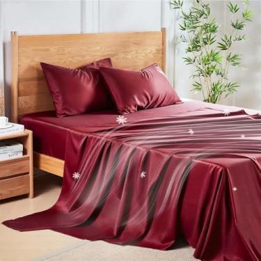 Imagem de MR&HM Conjunto de lençóis California King, lençóis refrescantes de 4 peças, raiom derivado de mistura de bambu e poliéster, macio e sedoso, bolsos profundos de 38 cm com tiras elásticas, hotel luxuoso