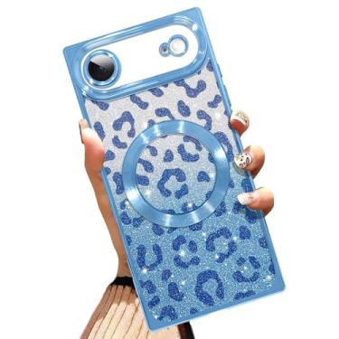 Imagem de AIGOMARA Capa de telefone para iPhone Air de 6,5 polegadas [compatível com MagSafe] Design de estampa de leopardo azul com glitter, capa de telefone à prova de choque resistente a arranhões TPU macio