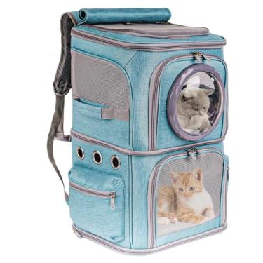 Imagem de Mochila 2 em 1 para transporte de animais de estimação para dois gatos ou um cão, bolsa de transporte verde de camada dupla com 2 compartimentos para transporte de pequenos animais viajando e
