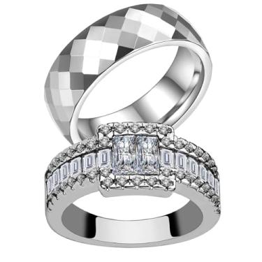 Imagem de lvrong Anéis de Casal Combinando Anel His Her AAA CZ Banhado a Ouro Branco Anel de Casamento Feminino Anel Masculino, women size6&men size10, Papel, Zircônia cúbica