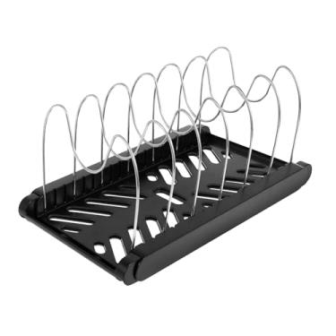 Imagem de Organizador de panelas e frigideiras, rack de tampa de panela de aço inoxidável, suporte organizador retrátil com divisórias ajustáveis, organizador de armário de cozinha para panelas, copos, tábua de