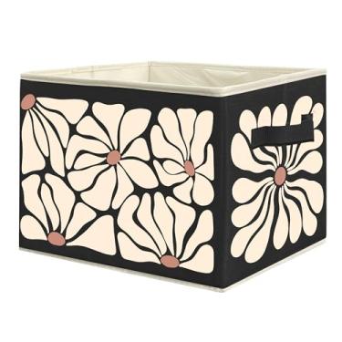 Imagem de uinwk Caixotes de armazenamento floral boho neutro bege e preto, caixa de armazenamento dobrável botânica retrô dos anos 70 com alça para casa, quarto, banheiro, escritório, roupas, brinquedos, livros