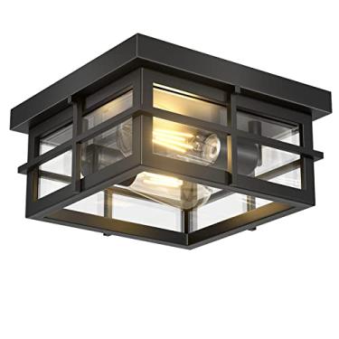 Imagem de Asnxcju Luminárias de teto modernas para ambientes externos, 2 luminárias pretas de montagem embutida com sombra de vidro transparente, iluminação de teto quadrada para varanda banheiro cozinha