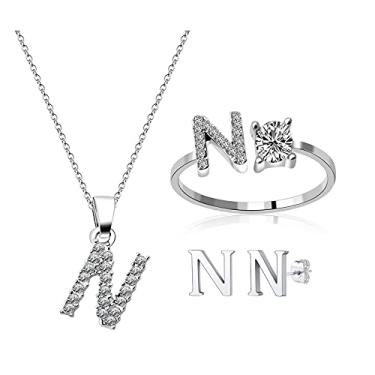 Imagem de Loqimu Pacote com 3 conjuntos de joias iniciais anéis, colar com pingente maiúsculo, brincos, brincos e acessórios femininos, N, Cobre, Zircônia cúbica