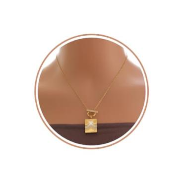 Imagem de JINHUI Colar feminino banhado a ouro 18 quilates moderno delicado com zircônia cúbica elegante invertida com configuração de zircônia cúbica de camada dupla, corrente banhada a ouro, joias delicadas