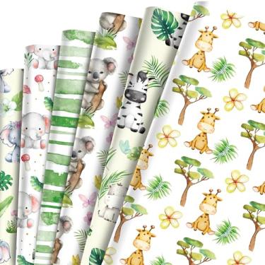 Imagem de 6 folhas de papel de embrulho verde animal safári selvagem tropical divertido, 50 x 68 cm - 6 adoráveis desenhos vibrantes em aquarela, coala, elefante, girafa, estampa de zebra com plumeria para