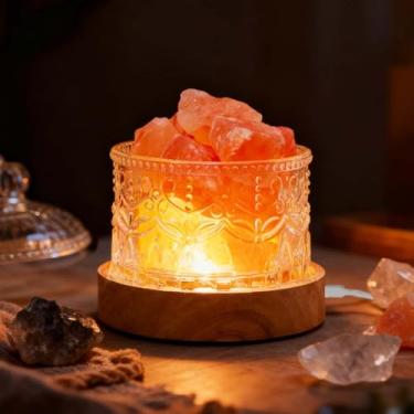 Imagem de Runyangshi Lâmpada noturna de sal do Himalaia - Pedras de cristal natural, 3 modos de iluminação com 10 níveis de brilho, design adequado para crianças e animais de estimação, alimentado por USB