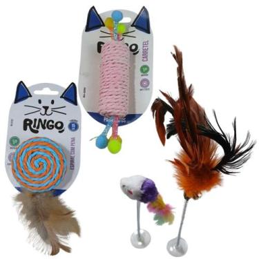 Imagem de Kit Brinquedo Interativo Varinha Com Plumas Ratinho Mola Ventosa Espir