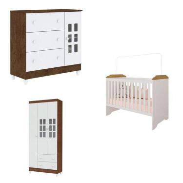 Imagem de Conjunto de Quarto Infantil Guarda-roupa de Bebê 3 Portas Maria, Cômoda Infantil Maria e Berço Mel Branco/Bétula