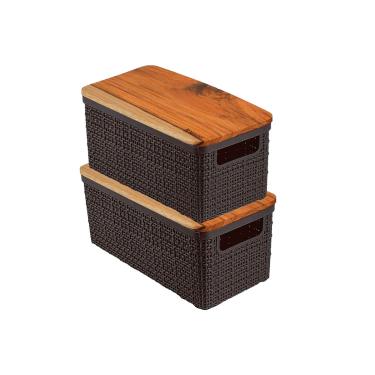 Imagem de 2 Cesto Organizador Juta de Plástico Resistente Com Tampa de Madeira Capacidade 1,5 Litros Preto