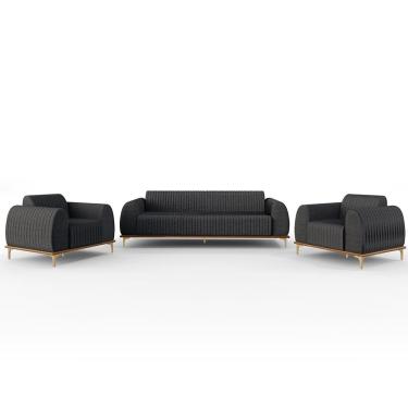 Imagem de Kit Sofá 3 Lugares 210cm Com 2 Poltronas Molino Pés D'ouro D02 Linho Cinza Escuro C-416 - Lyam Decor