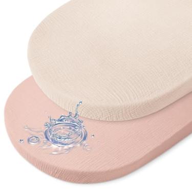 Imagem de BeBeJoJo Lençóis de berço de poliuretano termoplástico à prova d'água, 2 unidades, macio, musselina, berço, com faixa elástica inferior, unissex, ajuste ampulheta, oval e retangular, rosa bege