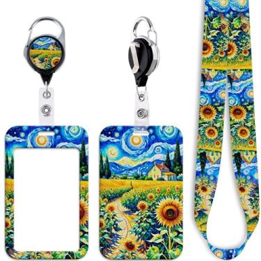 Imagem de Cordão de crachá de girassóis para chaves de crachá de identificação, lindo clipe retrátil para carretel de crachá com chaveiro para mulheres, meninas, crianças, enfermeiras, professoras para trabalho