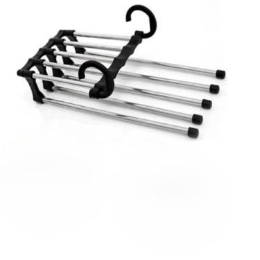 Imagem de Kit Cabide 5 Em 1 Retrátil Multifuncional Organizador Aço Calças Jeans Guarda Roupas(PRETO,1 PC)