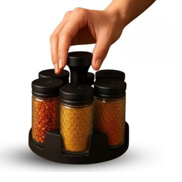Imagem de Porta Temperos Profissional Giratório 12 Potes Vidro OFERTA com Tampa Dosadora Condimentos Rápido(6 Potes Compacto)