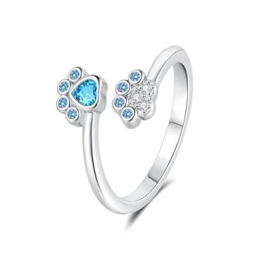 Imagem de Cat Paw Print Adjustable Open Ring for Women Teens Tiny CZ Expandable Small Finger Knuckle Pinky Rings Promise Eternity Stacking Wrap Ring for Daughter Birthday Xmas Gifts 7# (Blue CZ, Silvery)