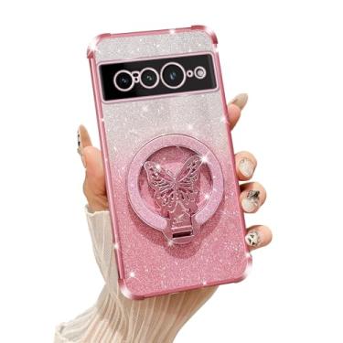 Imagem de Tesazxcn Capa de celular para Google Pixel 7 Pro [compatível com Magsafe] com suporte de borboleta e cordão macio TPU brilhante transparente à prova de choque capa para Google Pixel 7 Pro, ouro rosa