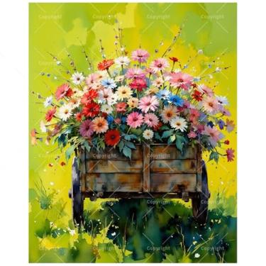 Imagem de TAOPAOLAB Kit de pintura de flores de jardim por números para adultos - DIY flores silvestres coloridas em carrinho de madeira pintura em tela 40,6 x 50 cm, conjunto de tinta acrílica, adequado para
