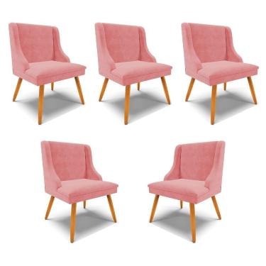 Imagem de Kit 5 Cadeiras Decorativas Sala De Jantar Pés Palito De Madeira Firenze Suede Rosê/natural G19 - Gran Belo