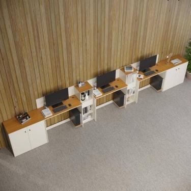 Imagem de Conjunto De Escritório Tech 2 Livreiro 2 Buffet E 3 Mesas 90 - Off White E Cedro Off White E Cedro