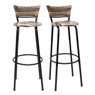 Imagem de Kit 2 Banquetas Altas 80cm Estrutura Preta Encosto Junco Cappuccino Ideal P/Bancada Cozinha Americana Bares Balcão Itagold (Assento Floral Marrom)