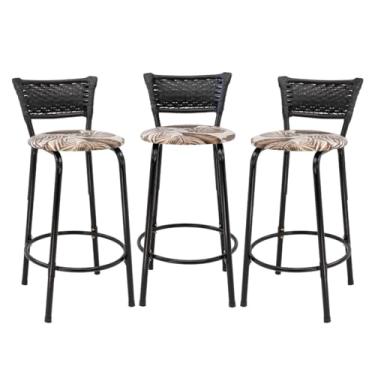 Imagem de Kit 3 Banco Para Bancada Cozinha Gourmet Estrutura Preta Encosto Junco Preto Balcão Ilha Bar Banqueta 60cm Itagold (Assento Floral Marrom)