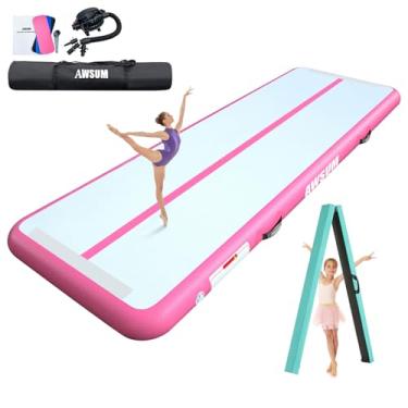 Imagem de AWSUM Tapete de ginástica de 2 m/3 m com feixe de equilíbrio, tapete inflável de 10 cm de espessura e feixe antiderrapante dobrável, equipamento de academia para crianças, com bomba elétrica
